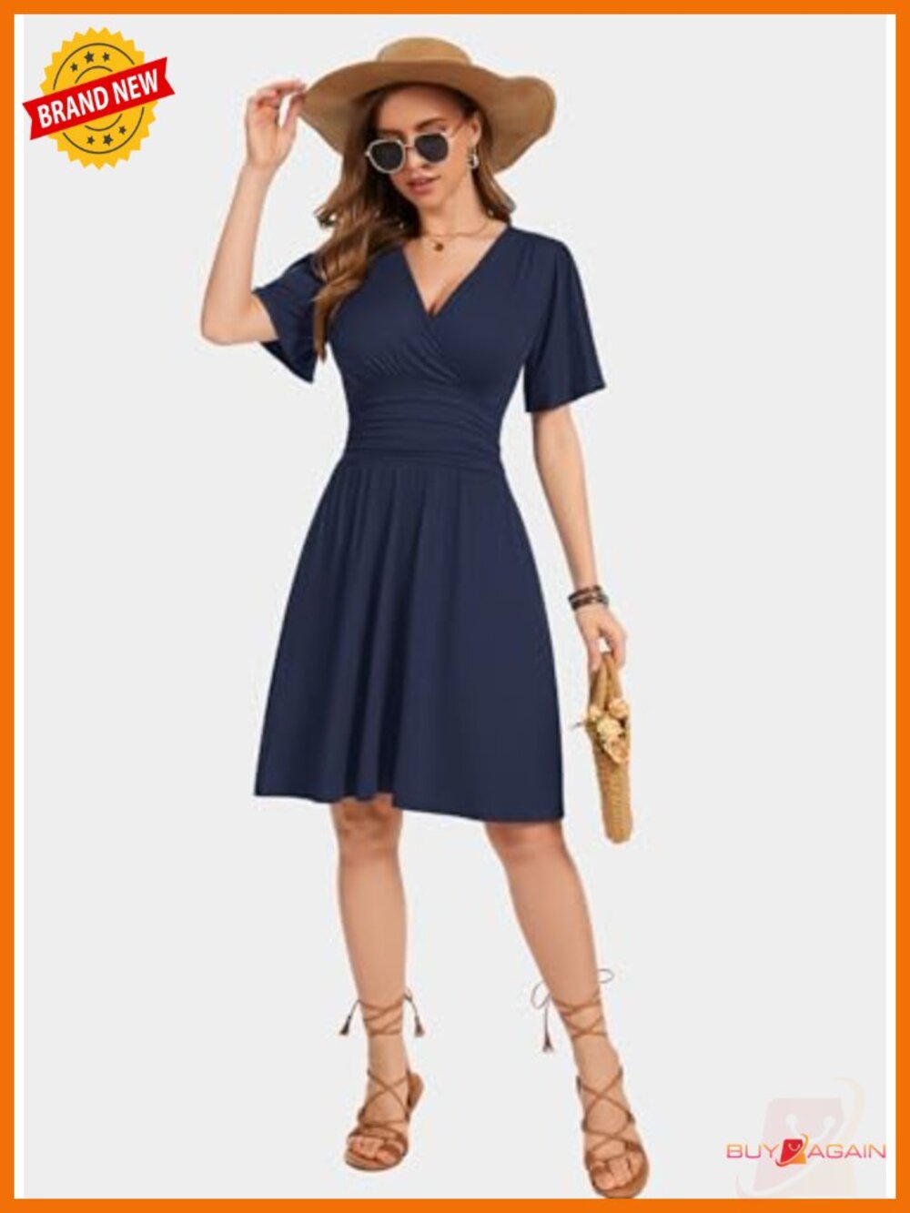 Ruffle Sleeve V-Neck Short Wrap Dress with Pockets Summer Sundress - Picture 3 of 4